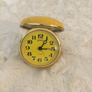 Vintage Linden Travel Alarm Clock, Yellow Clamshell Case - Japan Made